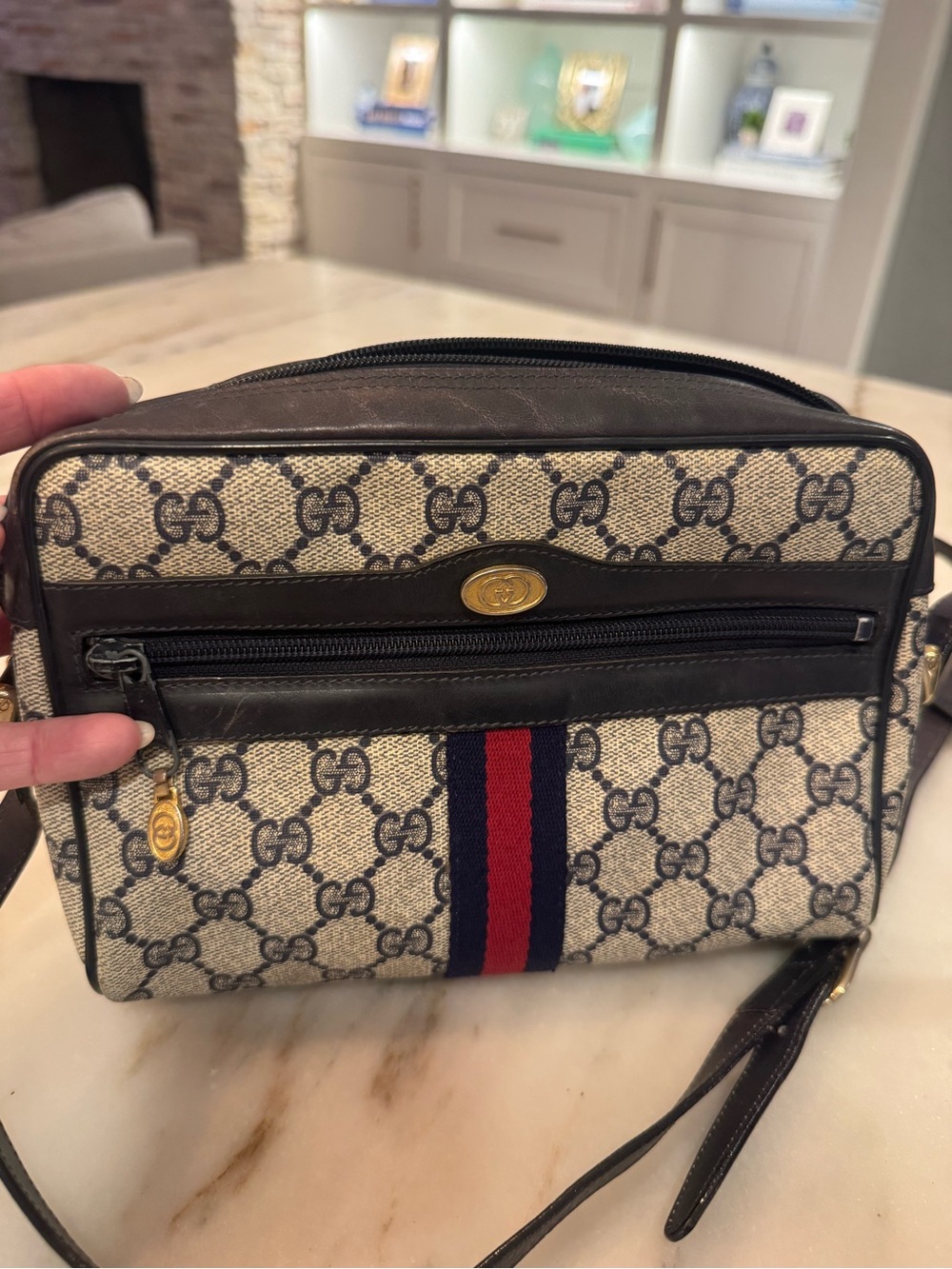 Gucci Beige GG Canvas Crossbody with Navy and Red Web Stripe